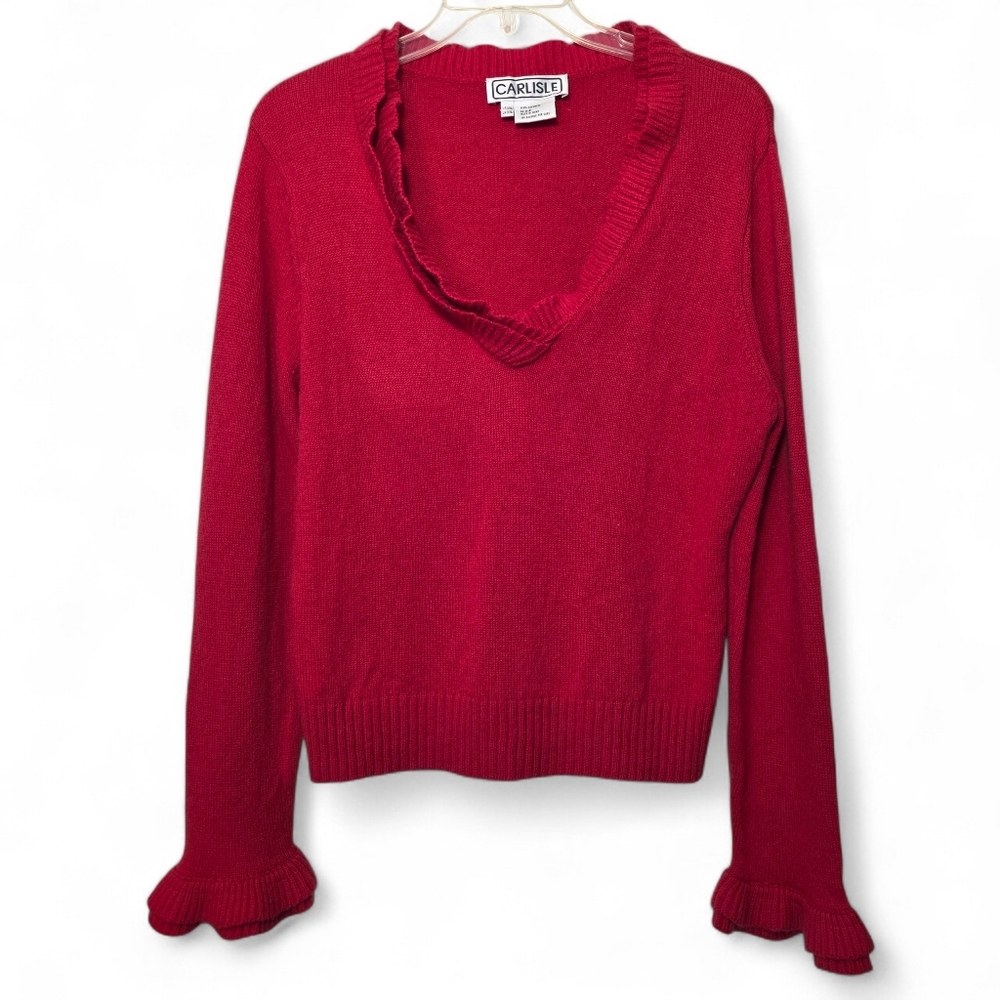 Carlisle Women's Red Ruffled V-Neck Cashmere Sweater XXL EUC Feminine Pullover
